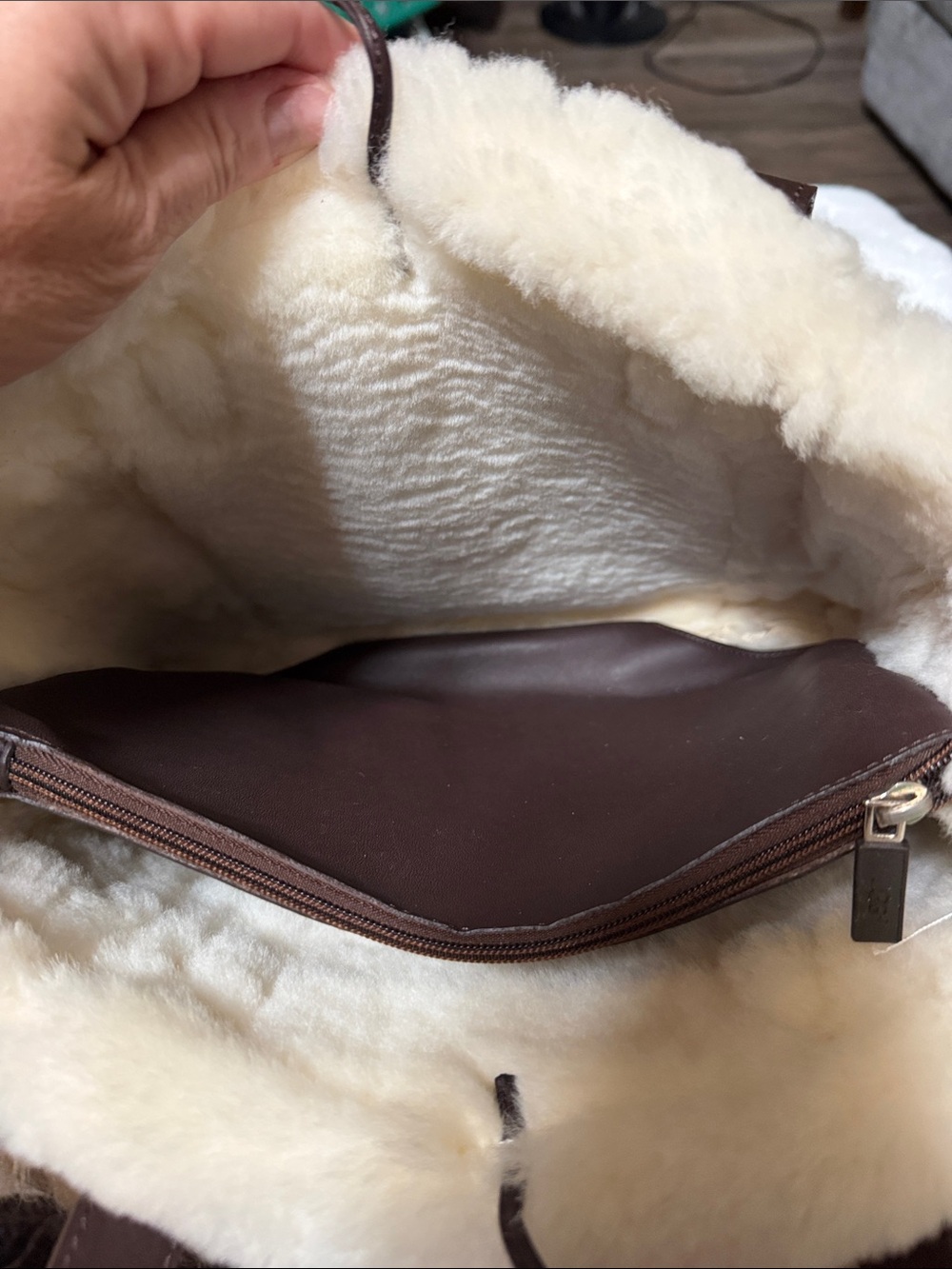UGG Australia Tote Bag Fur Trimmed, Cream Color Suede w/ Brown Leather Front - Picture 3 of 10